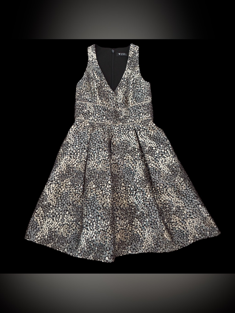 Guess Metallic Floral Fit-and-Flare Dress with Silver & Gold Jacquard